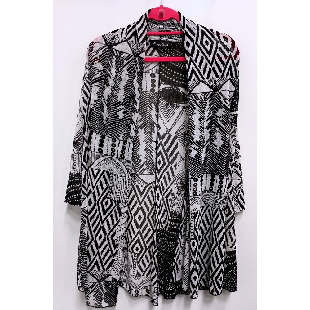 Creation Wearable Art Cardigan Womens Small Black White Abstract Mesh Open Boho